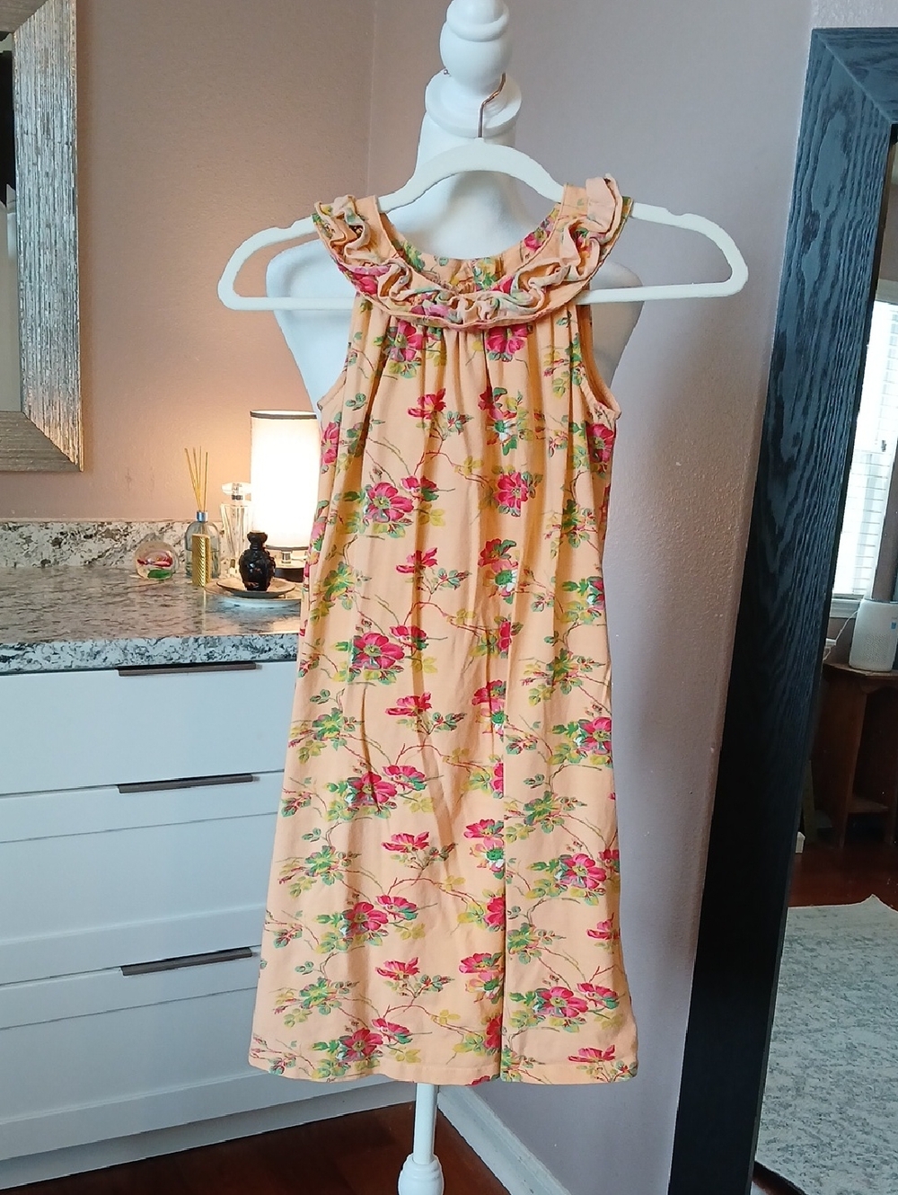 April Cornell Girls Floral Dress Size 9/10 Peach Red Roses Green Leaves